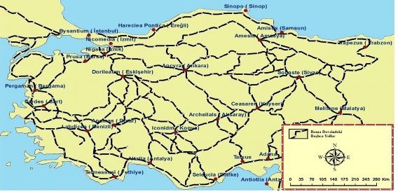 Harita 2.3. Anadolu’da Roma Devri Yol Şebekesi (Stewig, 1968’den değiştirilerek).
